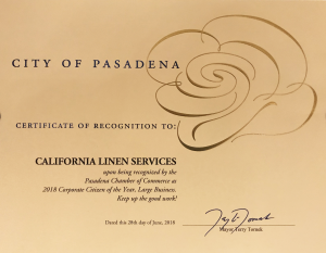 Pasadena Certificate. California Linen Services provides linen and uniform services, linen delivery services and linen rental services. We're a family owned linen supply company that you can trust for quality linen supply and laundry services.